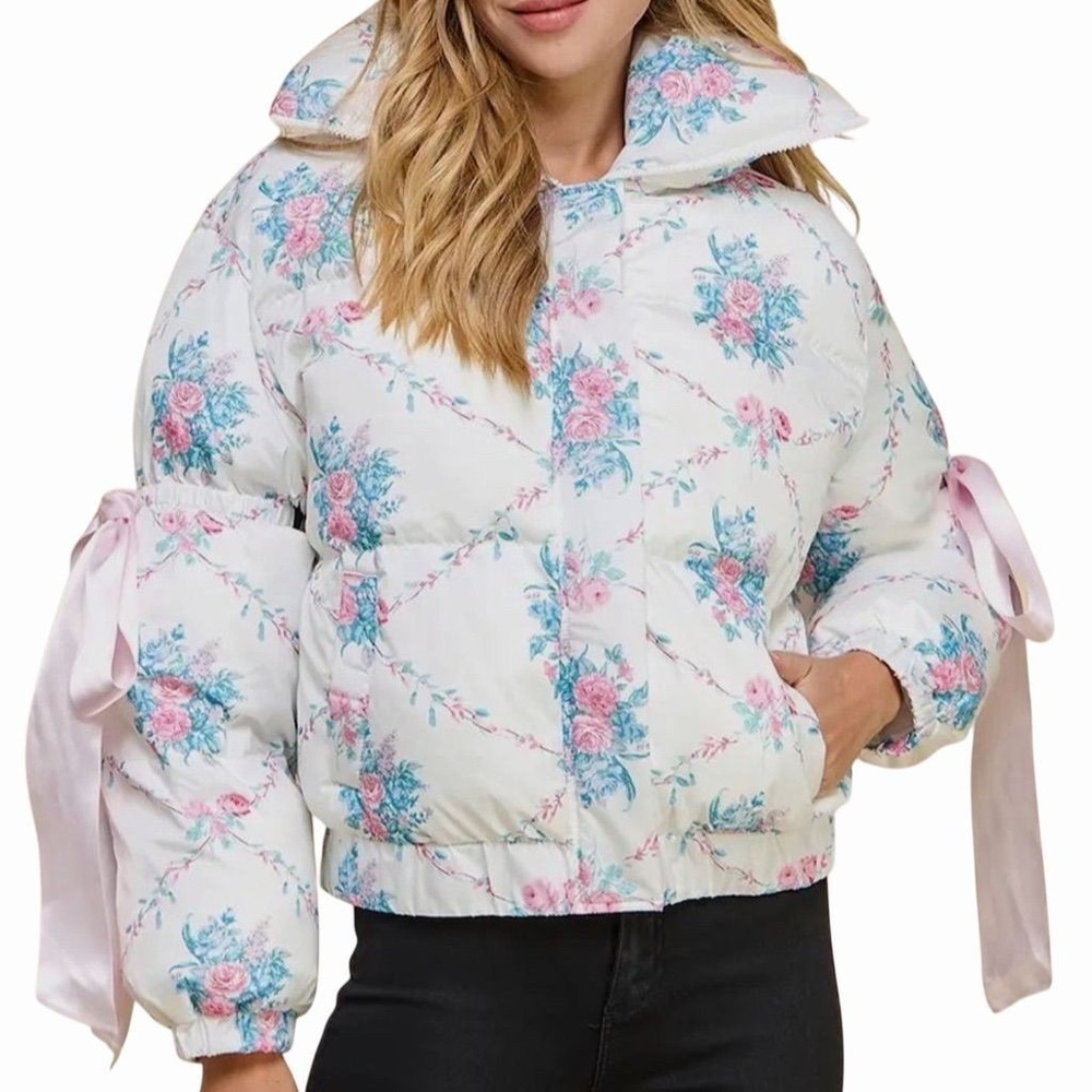 Loveshack Fancy Inspired Floral Puffer Jacket Multicolor Bow - Picture 2 of 5